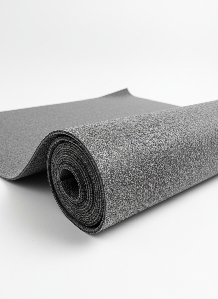 Professionelles Produktbild des anthrazitfarbenen Filzmaterials mit EVA-Beschichtung